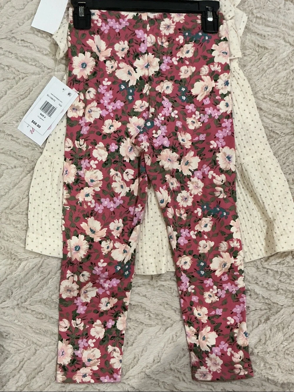 Bonnie Jean Cream Dot Tiered Dress with Pink Floral Leggings